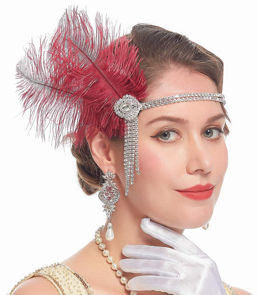 Cizoe 1920s Flapper Peacock Feather Headband Great Gatsby Bridal Crystal Headpiece Apricot (A-maroon)