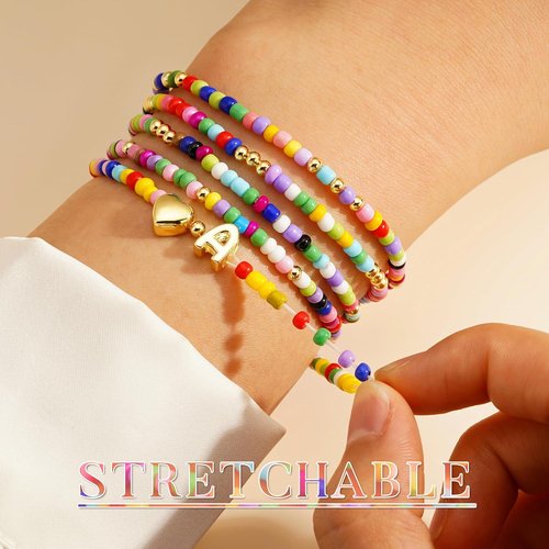 M MOOHAM Colorful Beaded Initial Bracelets - Cute Stretch Heart Jewelry for Girls | 5PCS Set