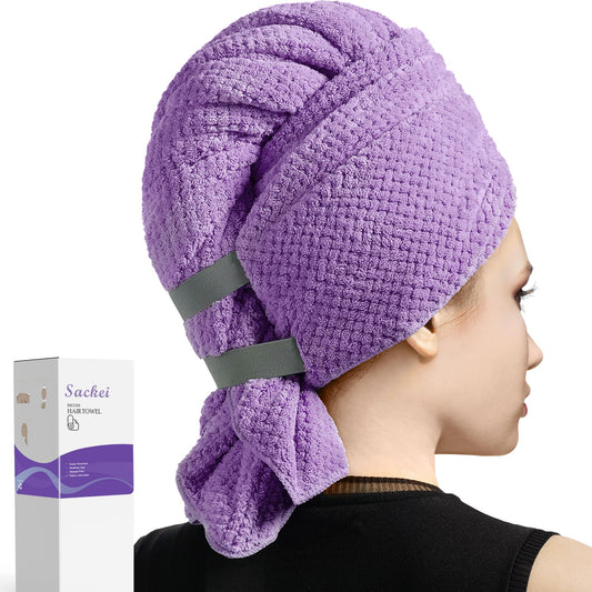 Sackei Large Microfiber Hair Towel Wrap 43.3" x 35.4" Soft Anti Frizz Hair Drying Towel with 2 Elastic Band, Super Absorbent Fast Dry Plopping Hair Turbans for Women Wet Long Curly Hair Purple