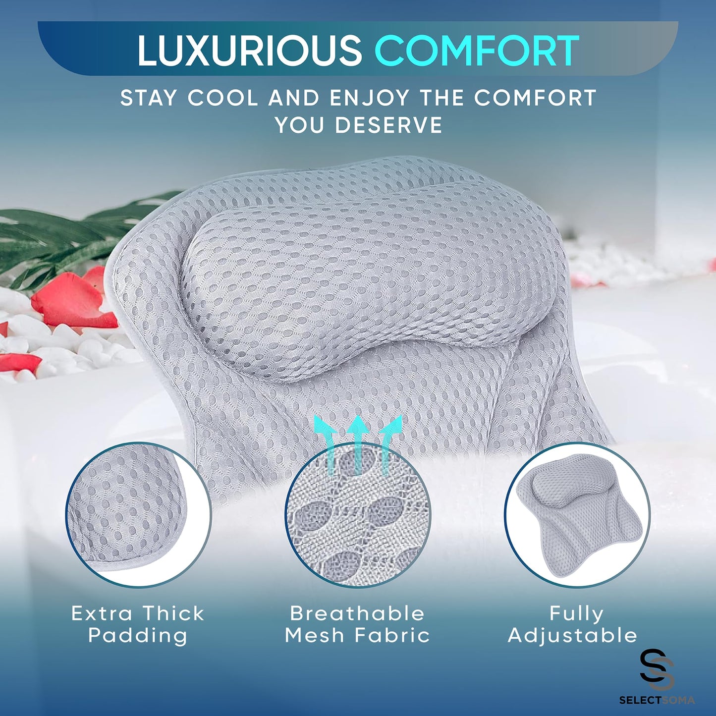 SelectSoma Premium Bathtub Pillow with Thick 4D Mesh for Head, Neck & Back Support - Luxury Quick-Drying Bath Pillow with 6 Strong Suction Cups for Tub Comfort