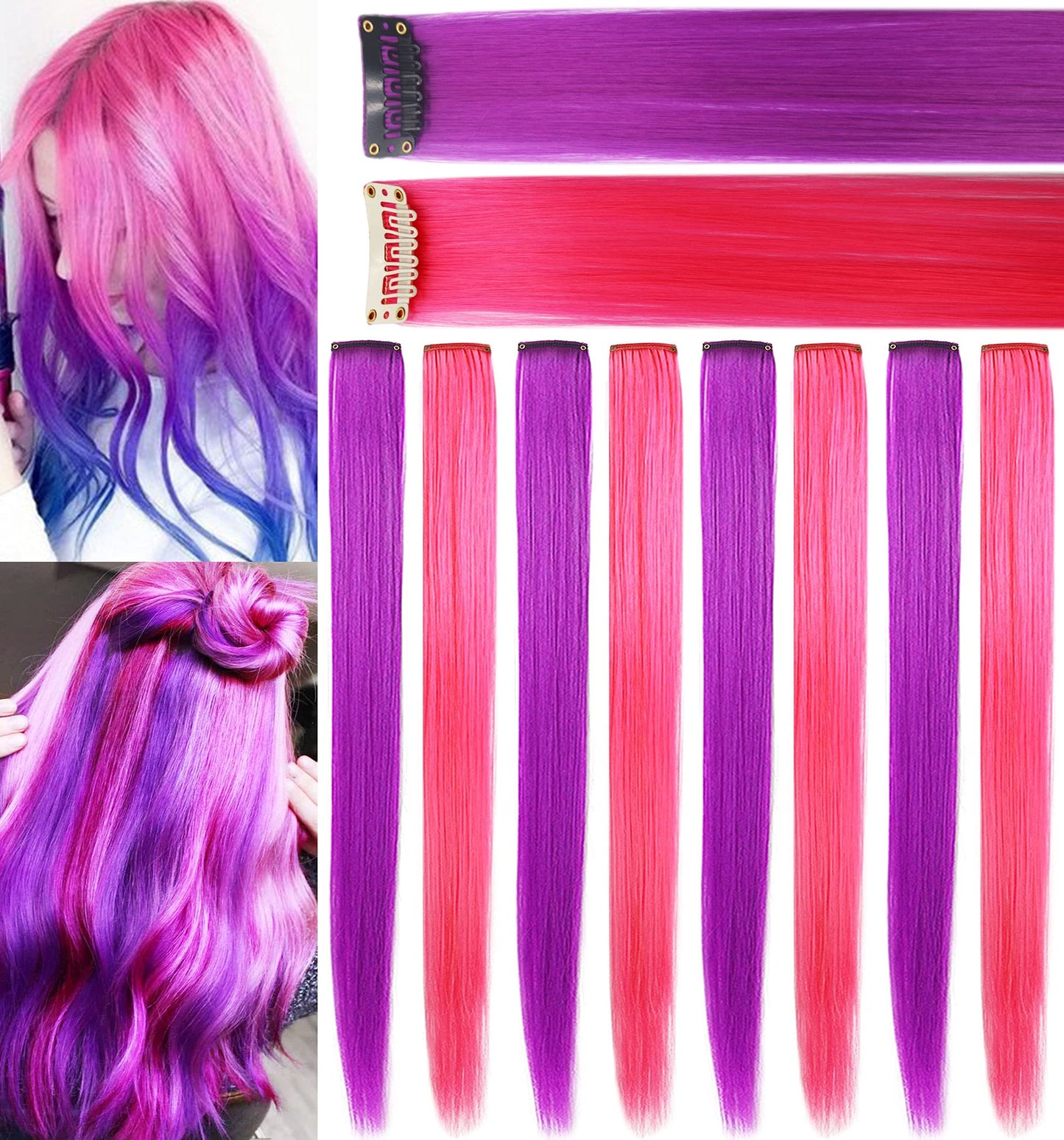 SARARHY Pink and Purple Wig Pieces for Teens Straight Clip in Colored Hair Extensions for Girl (Purple Pink)