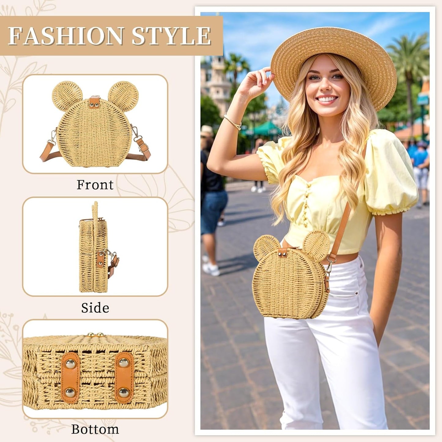 Skiennix Round Rattan Straw Bag - Handmade Wicker Purse with Cute Mouse Ears | Crossbody Shoulder Bag