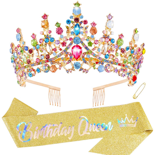 KICOSY Birthday Sash and Crown for Women Colorful Birthday Headband and Birthday Queen Sash Set Happy Birthday Tiara for Women Crystal Birthday Crown Adult Women Birthday Decorations