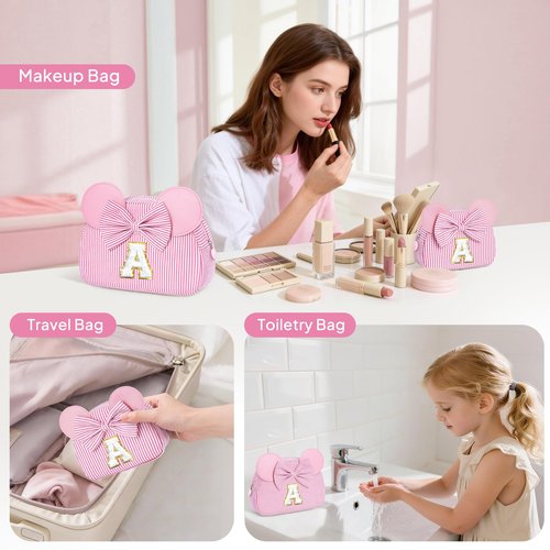 QLOVEA Birthday Gifts for Girls Kids Initial Makeup Bag Birthday Gift for 4 5 6 7 8 9 10 11 12 13 Years Old Girl Kids Pink Initial Cosmetic Travel Toiletry Bag for Girls Daughter Pink A