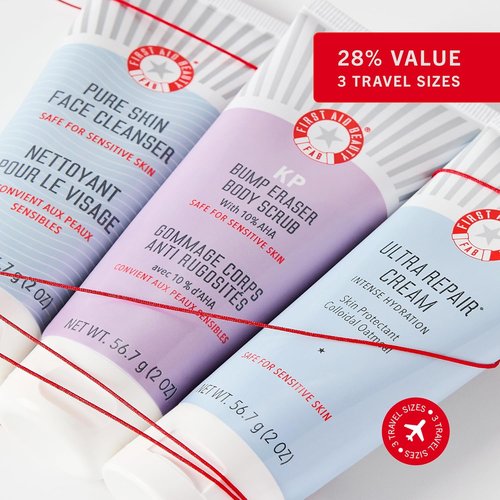 First Aid Beauty Cleanse, Smooth + Hydrate Kit - Travel-Friendly Skin Care Gift Set with Facial Cleanser, KP Body Scrub & Ultra Repair Cream