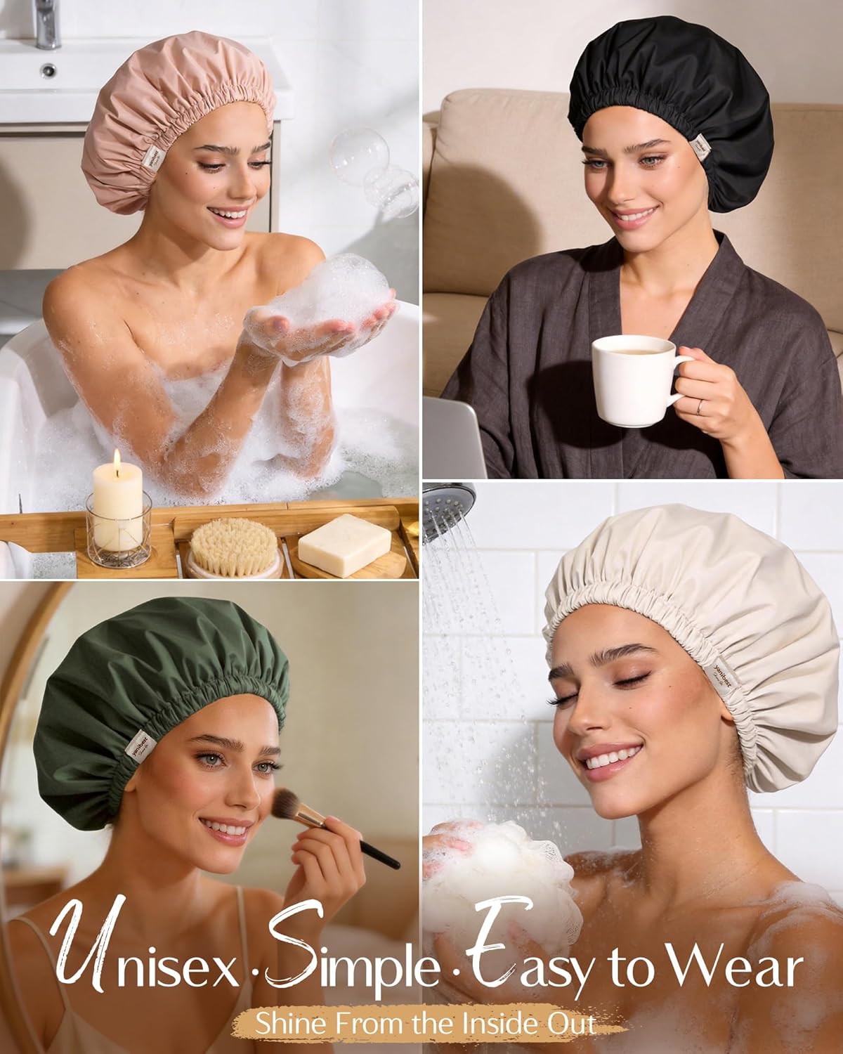 Yanibest Satin Lined Shower Cap - Reusable Waterproof Hair Protection Cap for Women | Large Peachy Pink