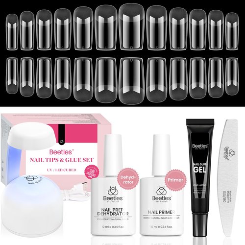 Beetles Gel Nail Kit Medium Square Gift Spree, with Dehydrator and Primer, 576Pcs Half Matte Etch-X Gel Nail Tips Solid Nail Glue Mini Lamp Acrylic Tips Easy DIY Extension Set Gift for Women