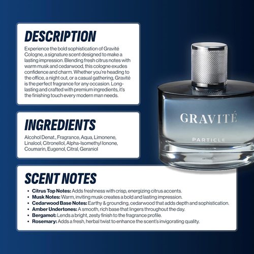 Particle Gravité Cologne Spray for Men - Long Lasting Woody Citrus Fragrance | 3.38 FL OZ