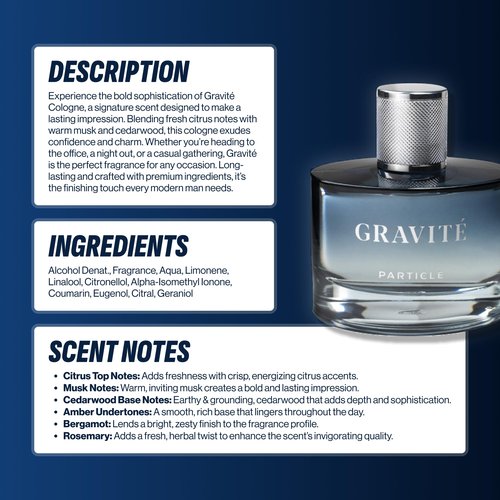 Particle Gravité Cologne Spray for Men, Long Lasting Fresh Scent, Men's Perfume Woody Citrus Fragrance, Notes of Pepper, Rosemary, Grapefruit, Cedar, Cashmere & Musk, 3.38 FL OZ Bottle