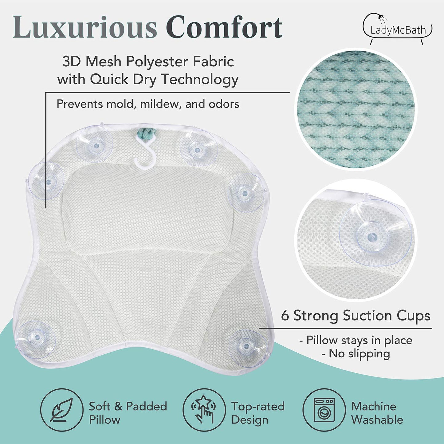 Lady McBath Bath Pillow - Luxury Bath Pillows for Tub Neck and Back Support - Powerful Suction Cups, Machine Washable Bathtub Accessory for Relaxation (Turquoise)