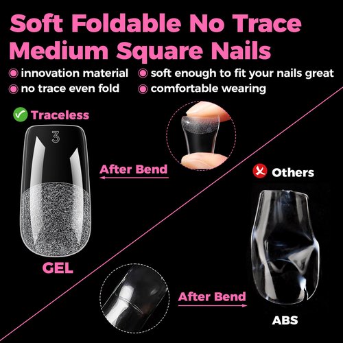 UNA GELLA Square Gel Nail Tips, 15 Sizes Medium Square Press on Nails, 300pcs Pre Etched Soft Gel Fake Nails Full Cover For Nail Extension Home DIY Nail Salon for Women