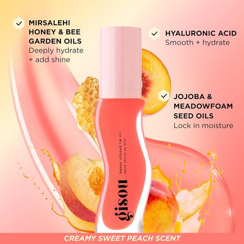 Gisou Honey Infused Lip Oil - Hydrating Glossy Formula with Mirsalehi Honey & Jojoba Oil | Bee-lini Peach, 0.27 Fl Oz