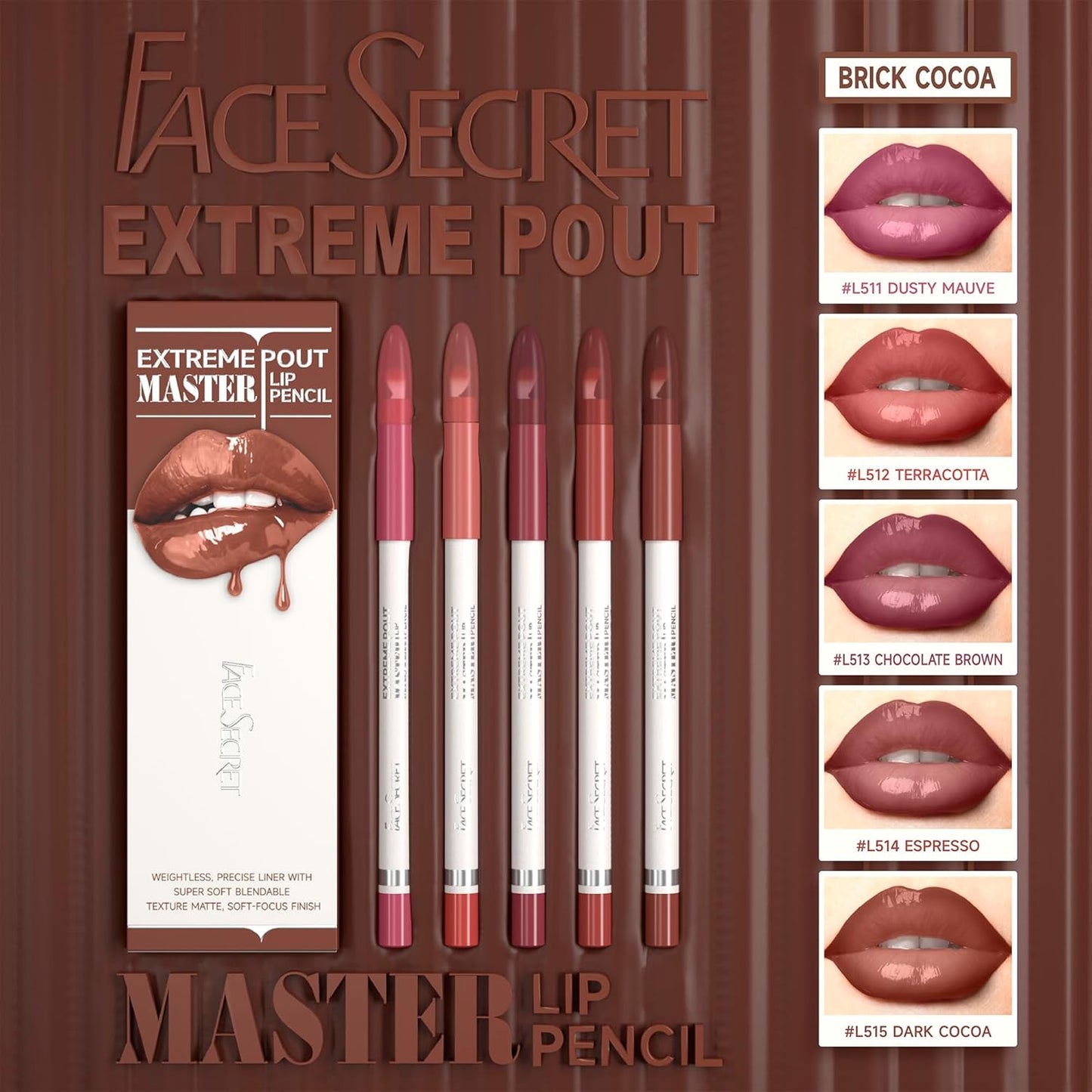 Skiennix Matte Lip Liner Pencil Set - 5PCS Warm Brick Red & Cocoa Brown | Waterproof, Long-Wear, Creamy Precision