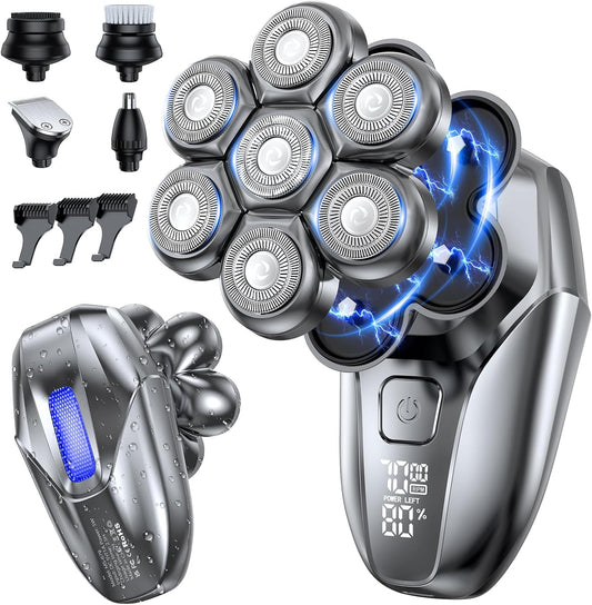 Skiennix 5-in-1 Electric Head Shaver - 7D Floating Waterproof Rechargeable Grooming Kit for Bald Men | Gray