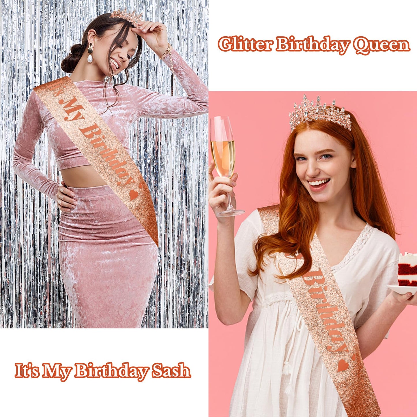 CURASA Birthday Sash and Crown Rose Gold Birthday Sash for Women Birthday Crown Adult Women Giltter Its My Birthday Sash Birthday Tiara for Women Girls Birthday Decoration Party Favors Gifts