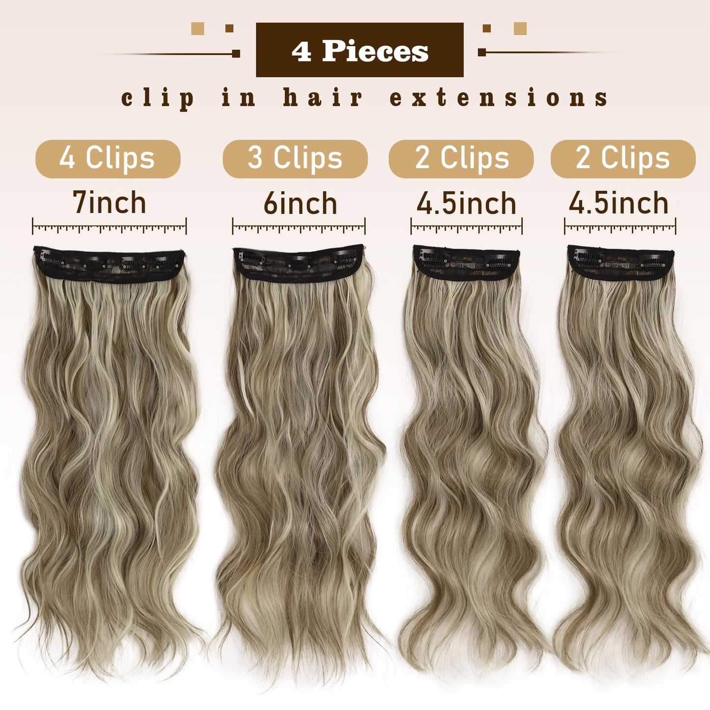 QGZ Clip in Hair Extensions for Women 4 PCS Set of Thick, Synthetic Long Wavy Hairpieces 20 Inch Light Brown mix Natural Blonde