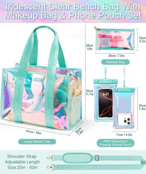 Bagstellar Iridescent Beach Tote Bag - Large Waterproof & Sandproof with Makeup Bag & Pouch | Adjustable Strap, Packable Travel Essential for Women