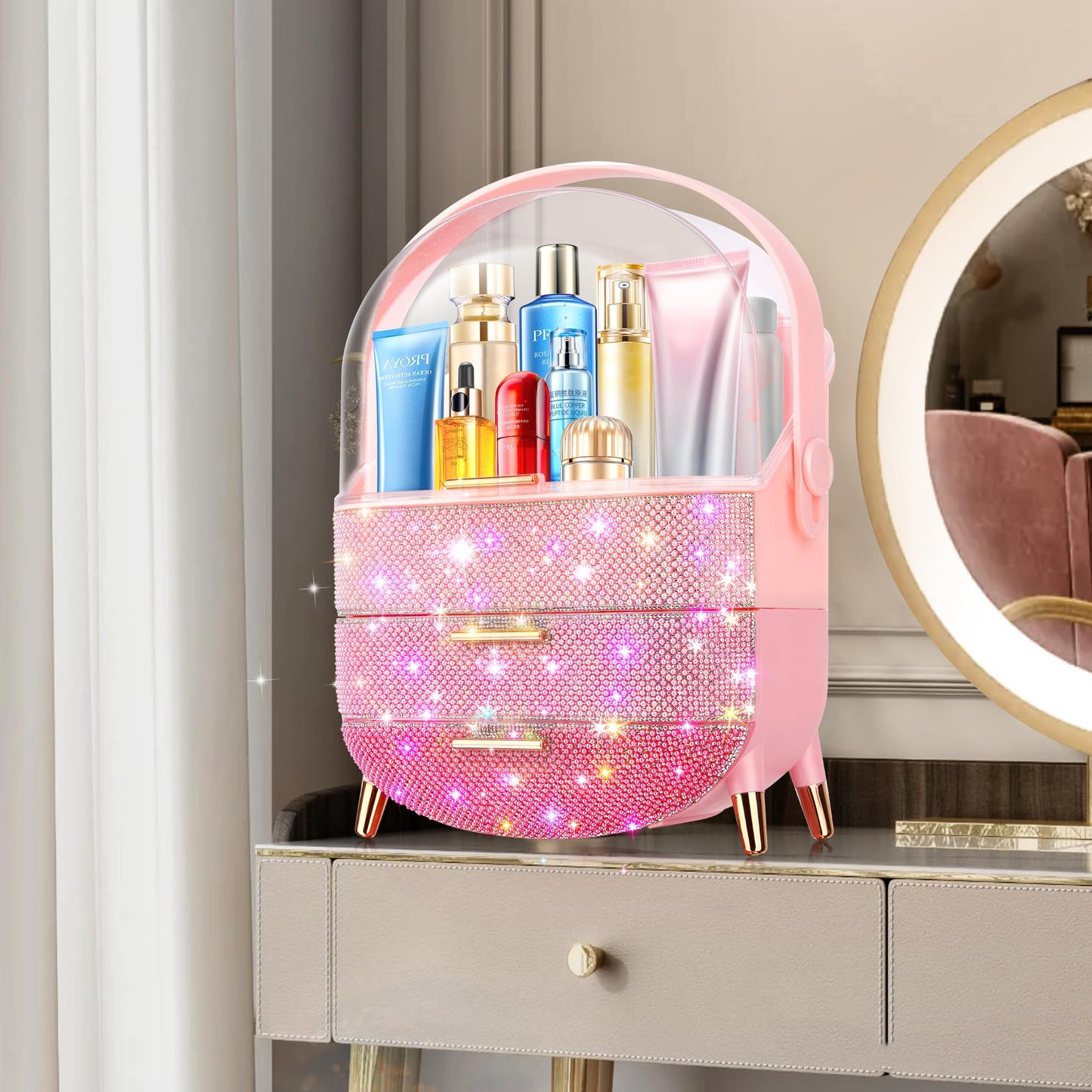 Ptesly Teen Girls Gift Makeup Organizer,Skincare Organizer Jewelry Storage,Cosmetics Storage and Display Case,Make Up Holders and Organizers for Countertop,Bathroom Organizer (PearlPink)