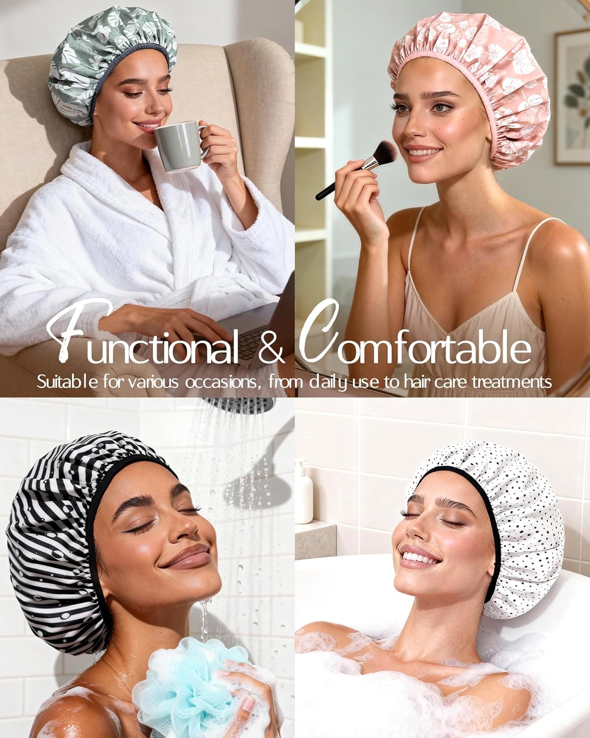 Yanibest Shower Cap - Waterproof Satin Bonnet for Long Hair | Large Double Layer Design with Soft Elastic Band