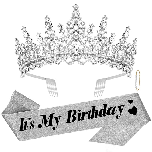 CURASA Birthday Sash and Crown Silver Birthday Sash for Women Birthday Crown Adult Women Giltter Its My Birthday Sash Birthday Tiara for Women Girls Princess Crown Birthday Decoration Party Favors Gifts