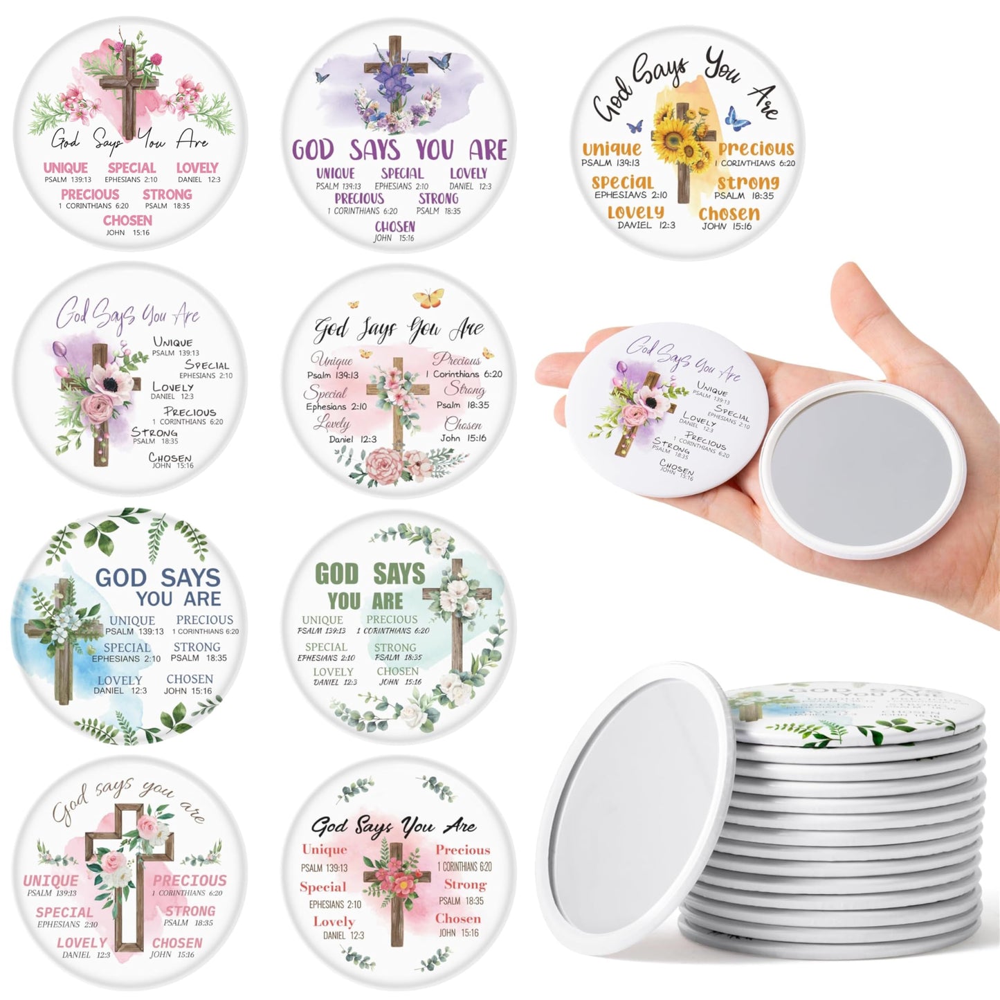 Y1tvei Christian Gifts Compact Mirror - 36Pcs Flower Cross God Say You are Bible Verse Mini Compact Mirrors Inspirational Small Portable Pocket Makeup Mirror for Purse Church Party Favors for Women