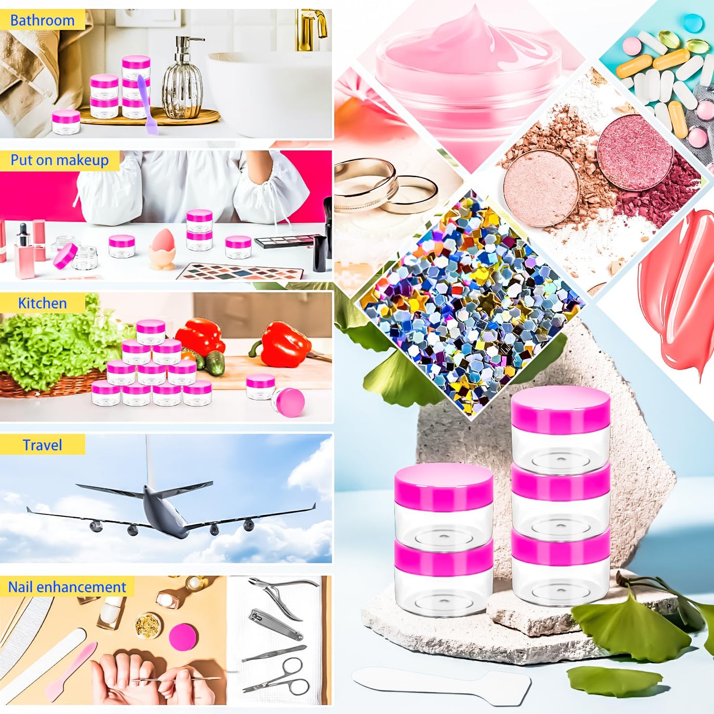 MotBach 40Pack 15g Small Plastic Cosmetic Containers with Lids, 15gram Plastic Makeup Containers Jars with Spatulas, 15ml Sample Jars Travel Size Containers for Toiletries Lip Balm Cream Slime Lotion