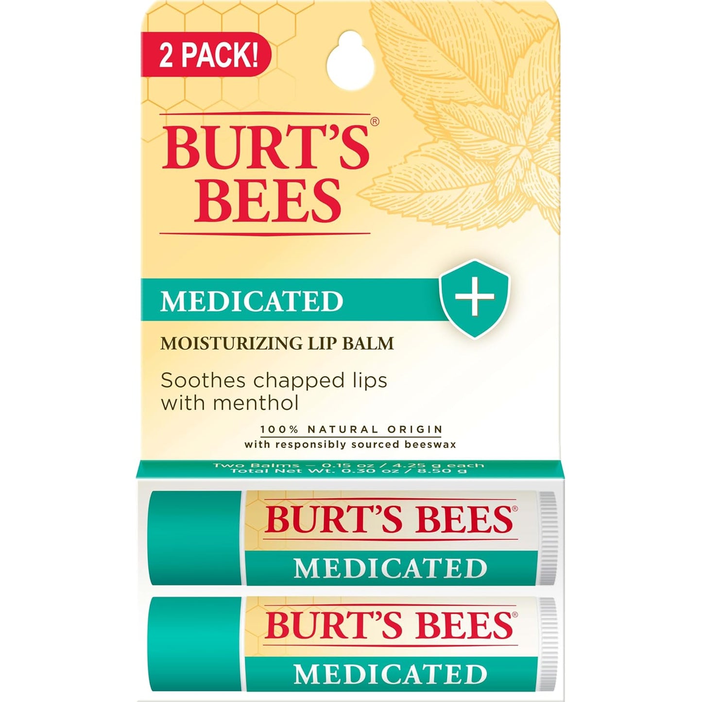 Burt's Bees Medicated Lip Balm - Eucalyptus Oil & Menthol, Natural Lip Care, 2 Tubes, 0.15 oz