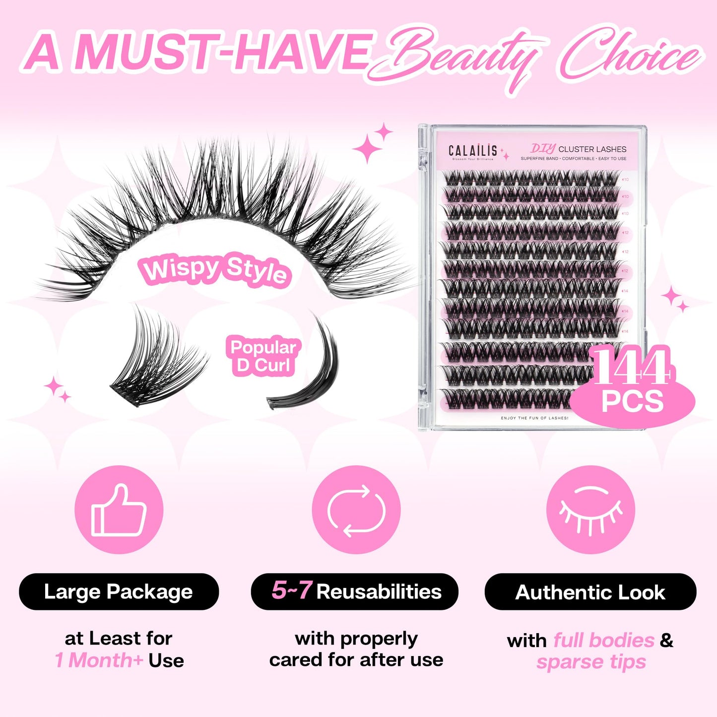 CALAILIS Lash Clusters, 144Pcs D Curl Cluster Lashes DIY Lash Extensions Mega Volume Wispy Eyelash Clusters Reusable Individual Lashes Super Thin Band and Soft (HD05, D-10-16MIX)