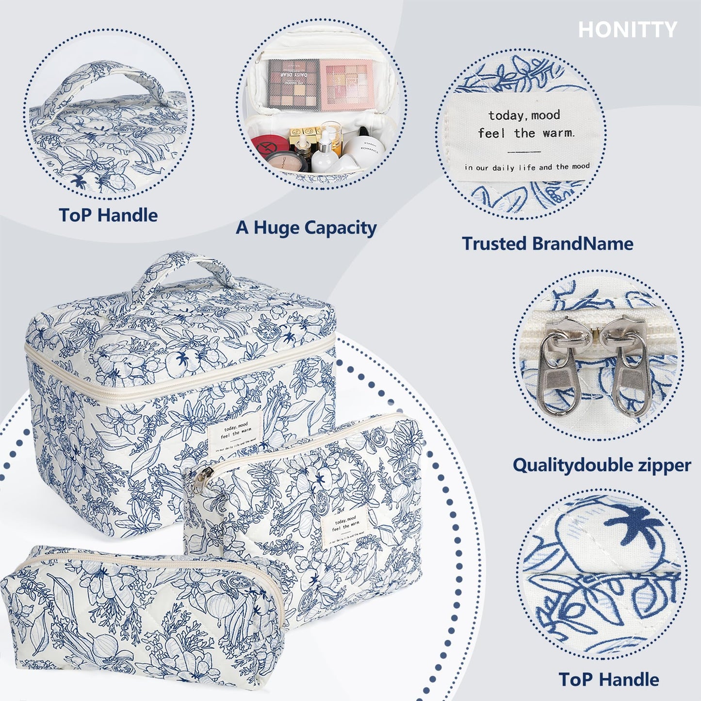 Makeup Bag,Quilted Cosmetic Bags,Large Floral Make Up Organize bag,Makeup Bag Set for Women,Flower Travel Toiletry Bag