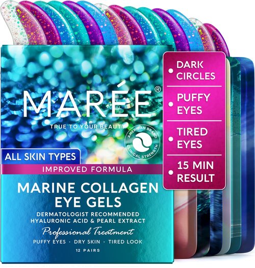 MAREE Under Eye Patches for Puffy Eyes and Dark Circles – Under Eye Mask with Collagen & Hyaluronic Acid – Undereye Mask Patches for Women – Parches para Ojeras Puffiness & Under Eye Bags | 12 Pair