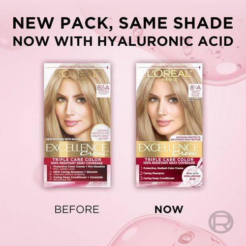 L'Oreal Paris Excellence Crème Permanent Hair Dye, Triple Care Hair Color with Hyaluronic Acid for 100% Gray Coverage, 8.5A Medium Light Ash Blonde, 1 Kit (Packaging May Vary)