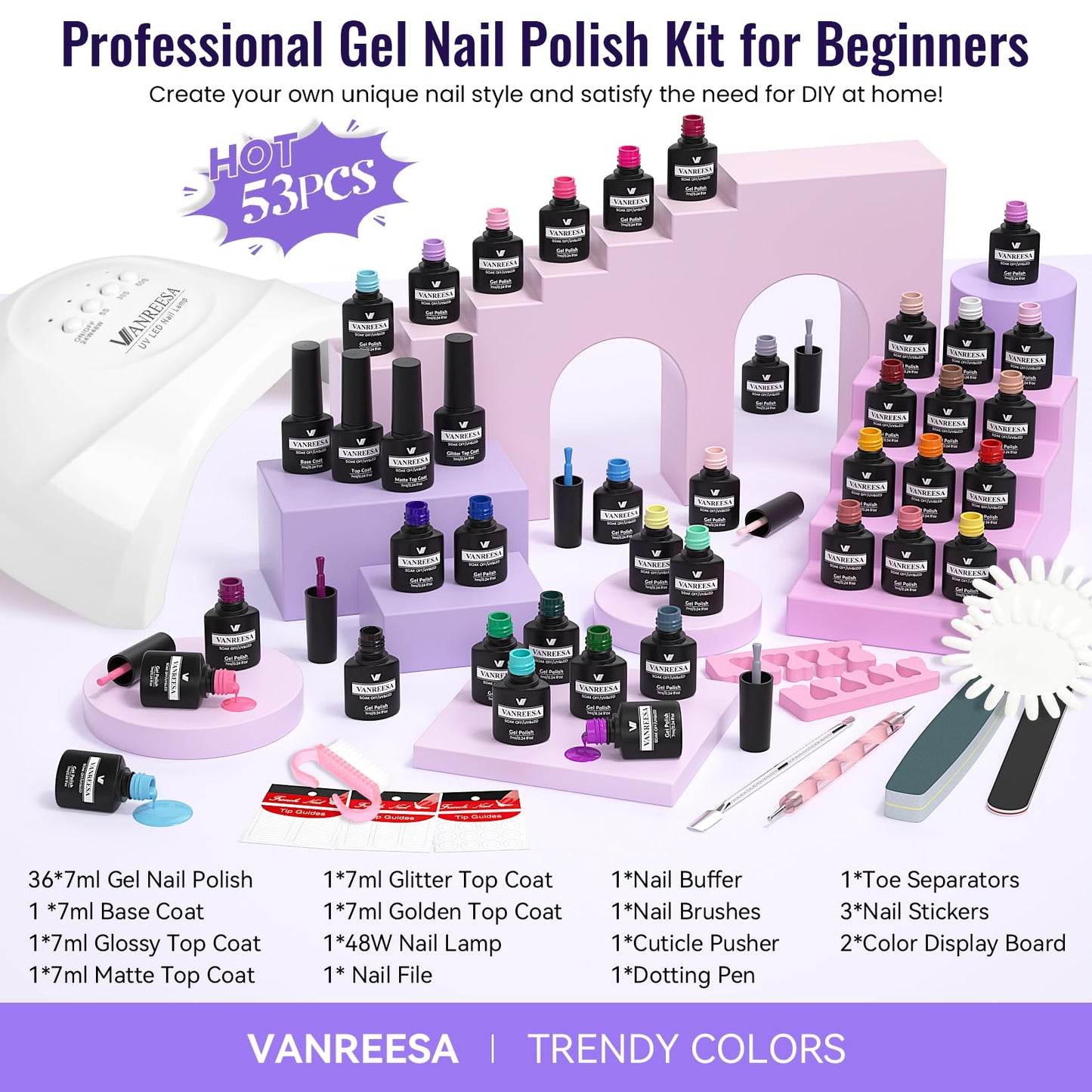 VANREESA Gel Nail Polish Kit with U V Light 53 Pcs Gel Polish Nail Set 36 Trendy Colors Nail Polish Set + Base and 4 Effects Top Coat with Manicure Tools Complete Nail Kit Gifts for Women Girls