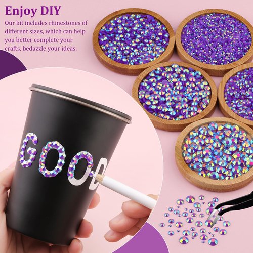 Resin Jelly Rhinestones for Crafting with B7000 Jewelry Glue, 1 Box Dark Purple AB Flatback Crystal with 3Pcs 10ml Glue, Bedazzling Non Hotfix Gems for DIY Tumblers Clothing Shoes Manicure