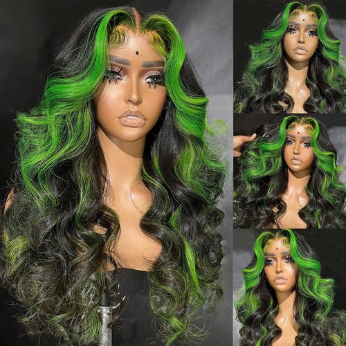 ANDRIA Highlight Green Lace Front Wigs Loose Wave Wigs with Baby Hair Blak and Green Streak Hair Glueless Lace Wigs Long Body Wave Wig Synthetic Heat Resistant Fiber Colorful Wig for Black Women 24"