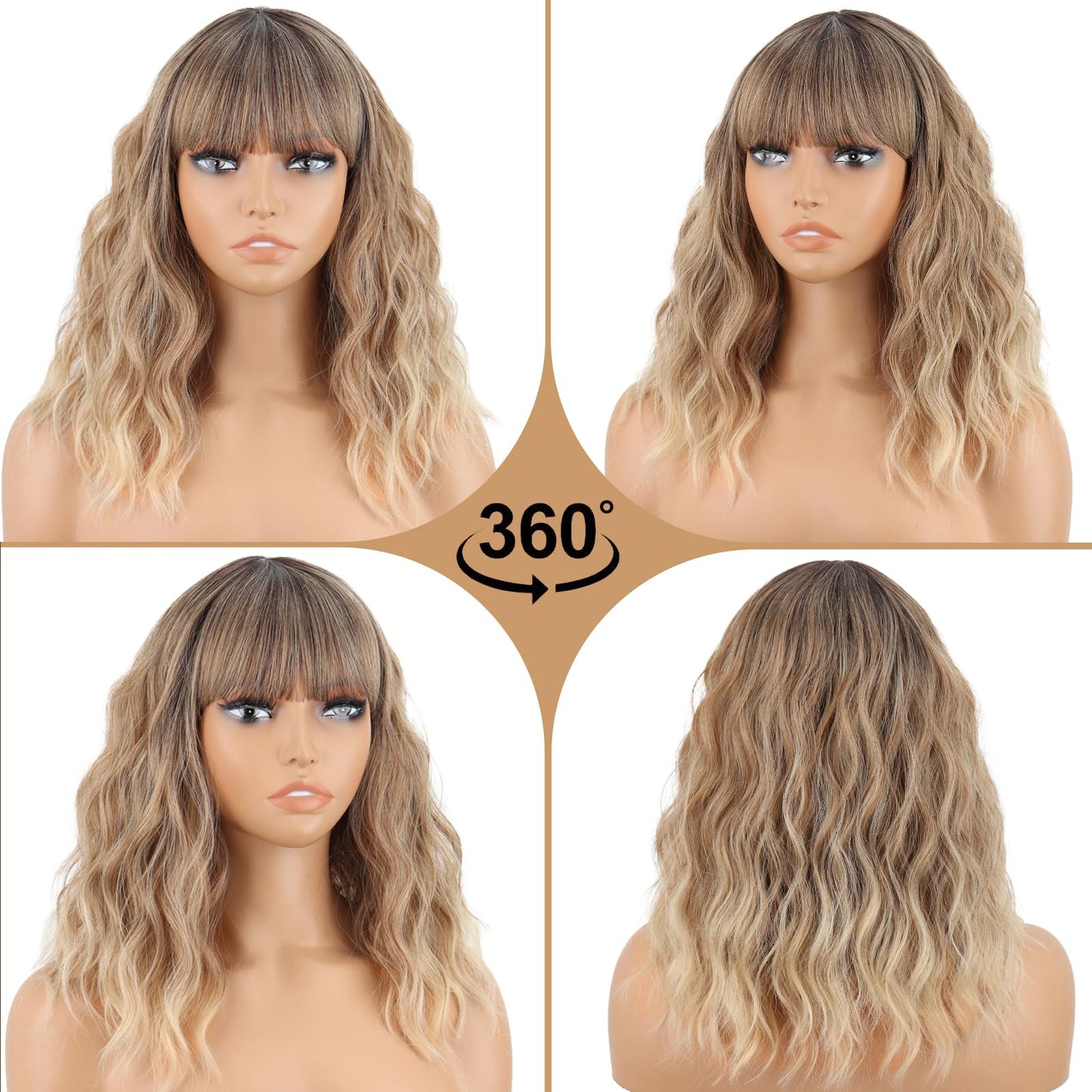 WERD Short Ombre Blonde Wavy Wig for Women Blonde Curly Wavy Bob Wig with Bangs Natural Looking Synthetic Dirty Blonde Wig for Colorful Cosplay