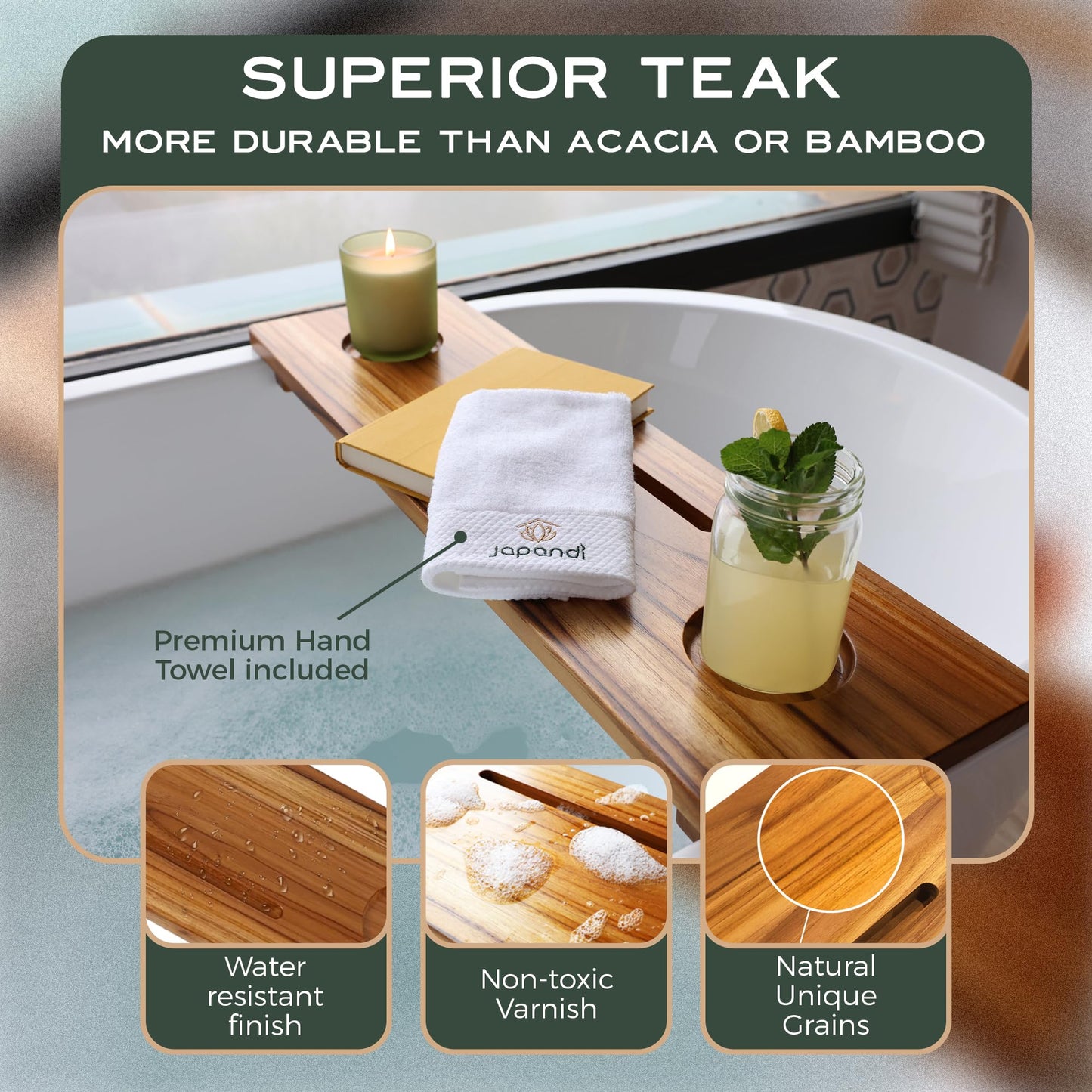 Superior Teak Bathtub Tray for Standard Tubs - Towel & Gift Box Bundle - Sustainable Minimalist Wood Bath Tray for Tub - Anti-Slip Bath Table Tray - Bath Caddy 29 in.