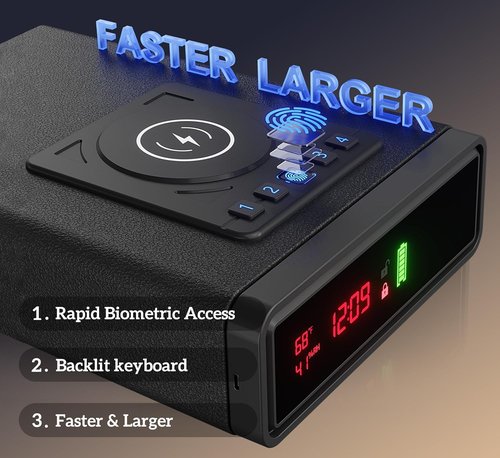 Biometric Smart Gun Safe - Compact Wireless Charging Design with Quick Access Fingerprint | Ideal Bedside Drawer Safe