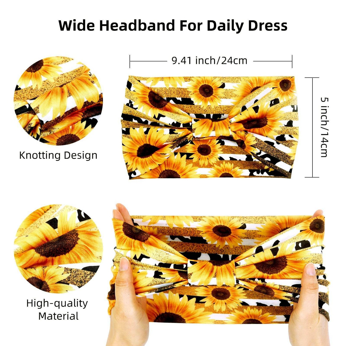 Huachi 4 Packs Boho Headbands for Women Wide Sunflower Thick Head Bands for Women's Hair Flower Printed Elastic Hairbands Large African Sport Yoga Turban Headband Hair Accessories (Pack of 4)