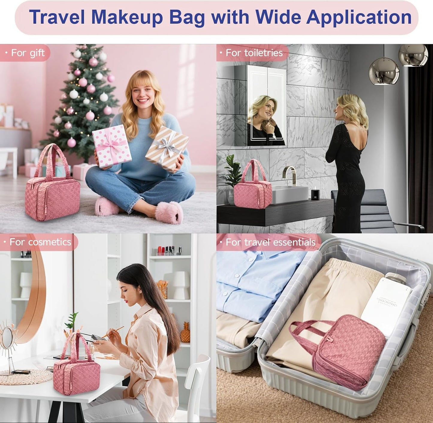 SMONT Toiletry Bag - Large 11.5" Travel Makeup & Skincare Organizer | Pink Cosmetic Case