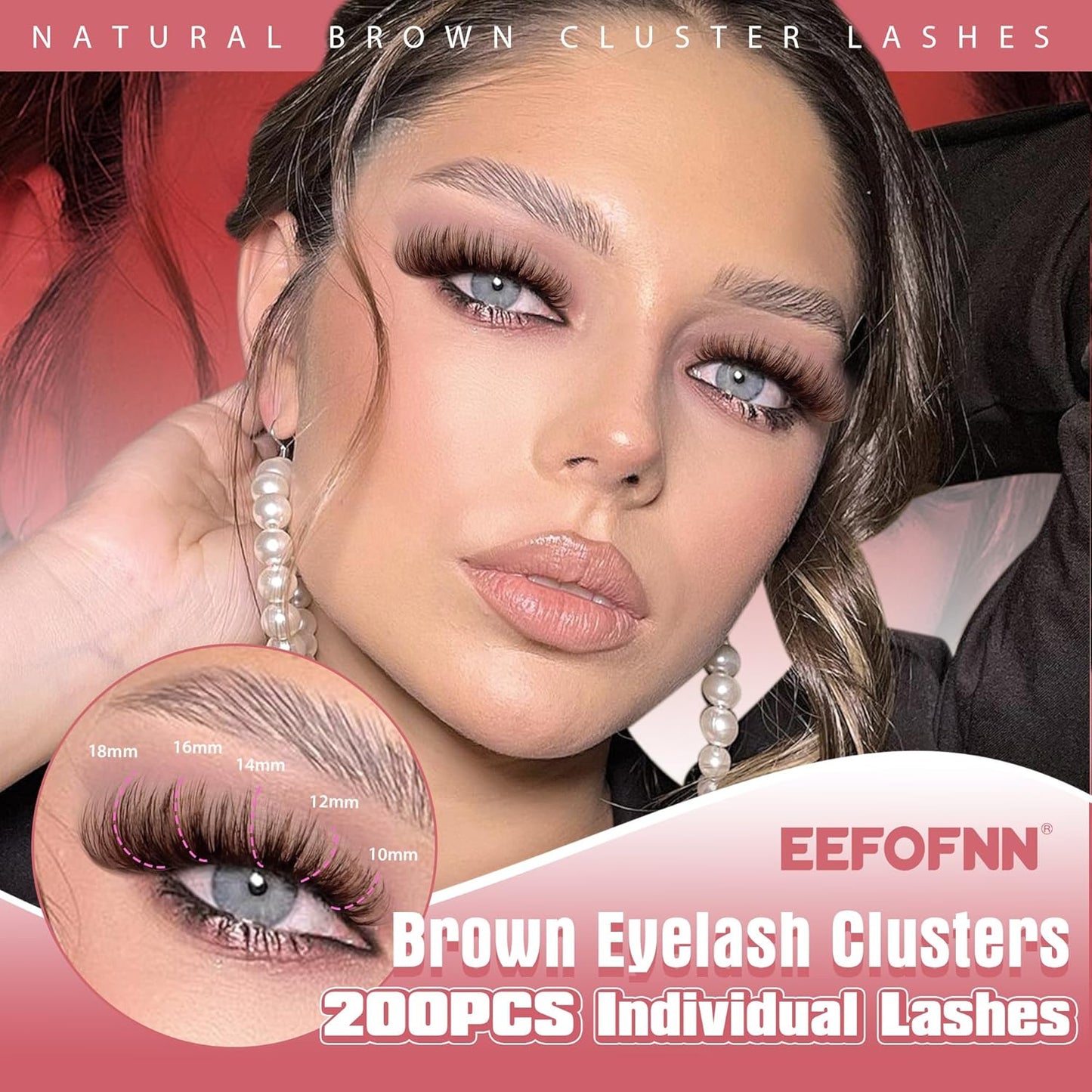 Eefofnn Brown Lash Clusters Natural Eyelash Extension Fluffy Brown Individual Lashes 10-18MM Wispy Cluster Eyelash Extensions 200 Pcs D Curl Brown Lash Extensions DIY at Home