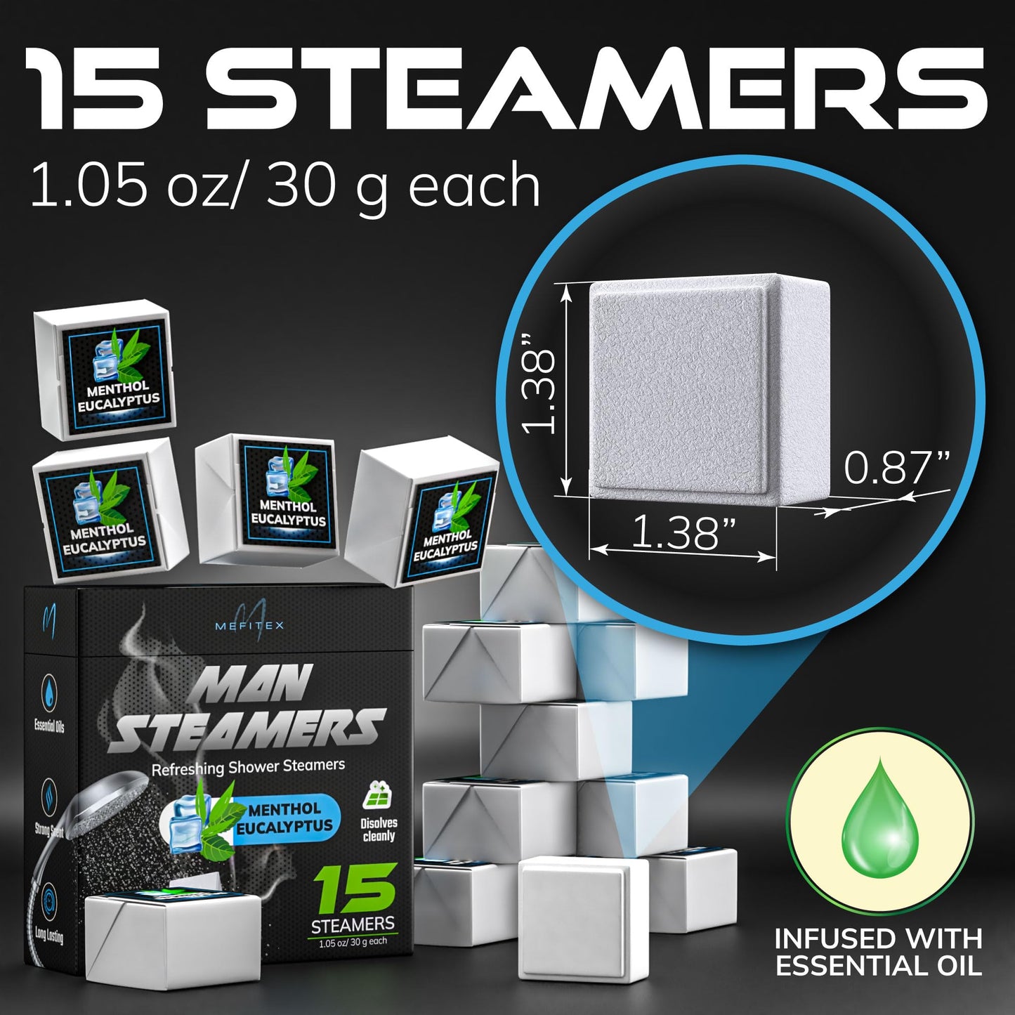 Shower Steamers for Men 15 Pack Menthol Aromatherapy Shower Steamers, Strong Scent, Long Lasting, Premium Essential Oils, Gift for Men Relaxation and Sinus Relief