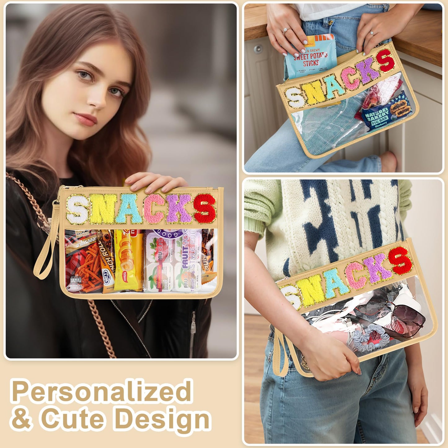 Snack Bag for Travel - Clear Chenille Varsity Letter Flat Pouch with Zipper, Waterproof Clear PVC&PU Preppy Patch Makeup Cosmetic tote Bags for Women Girls (Beige-Snacks)