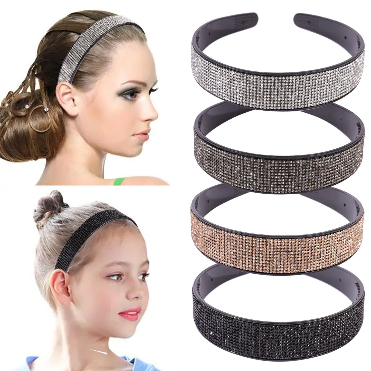 Cutewing 4PCS Solid Rhinestone Headbands for Women Girls Fashion Sparkly Headband with Teeth Glitter Hairbands Non Slip Hair Hoop Bling Decorative Hair Accessories for Ladies