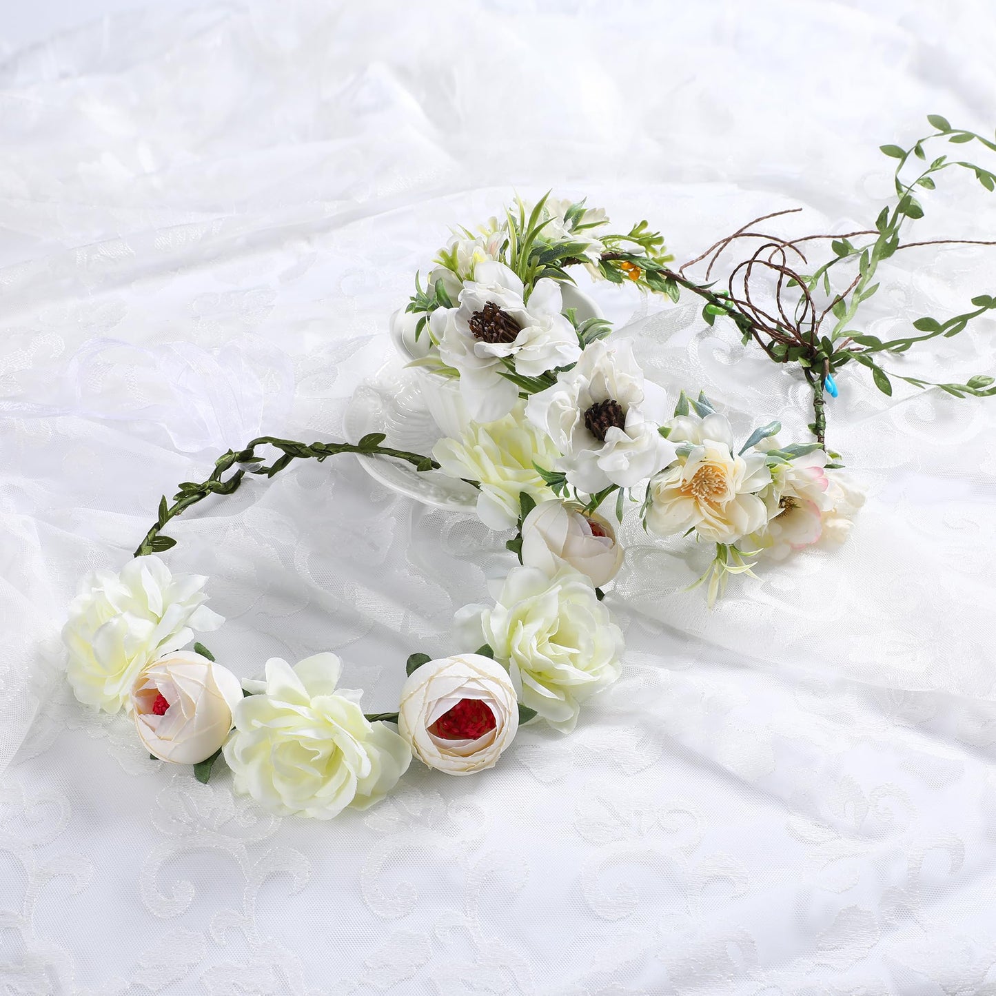 KorViSHOW 6 Pieces White Flower Crown Set for Women Girls Floral Headband Handmade Rose Headpiece Fairy Hair Accessories for Weeding Bride Bridesmaid(White Style)