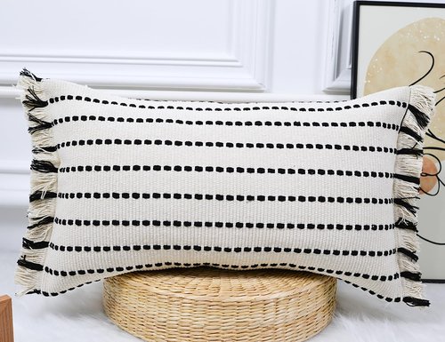 DRNOU Decorative Farmhouse Fringed Long Lumbar Throw Pillow Cover 12 x 24,Clasic Striped Textured Cotton Boho Decor Long Lumbar Pillow Cover Pillow Case for Sofa Couch Bed,Black and Off White