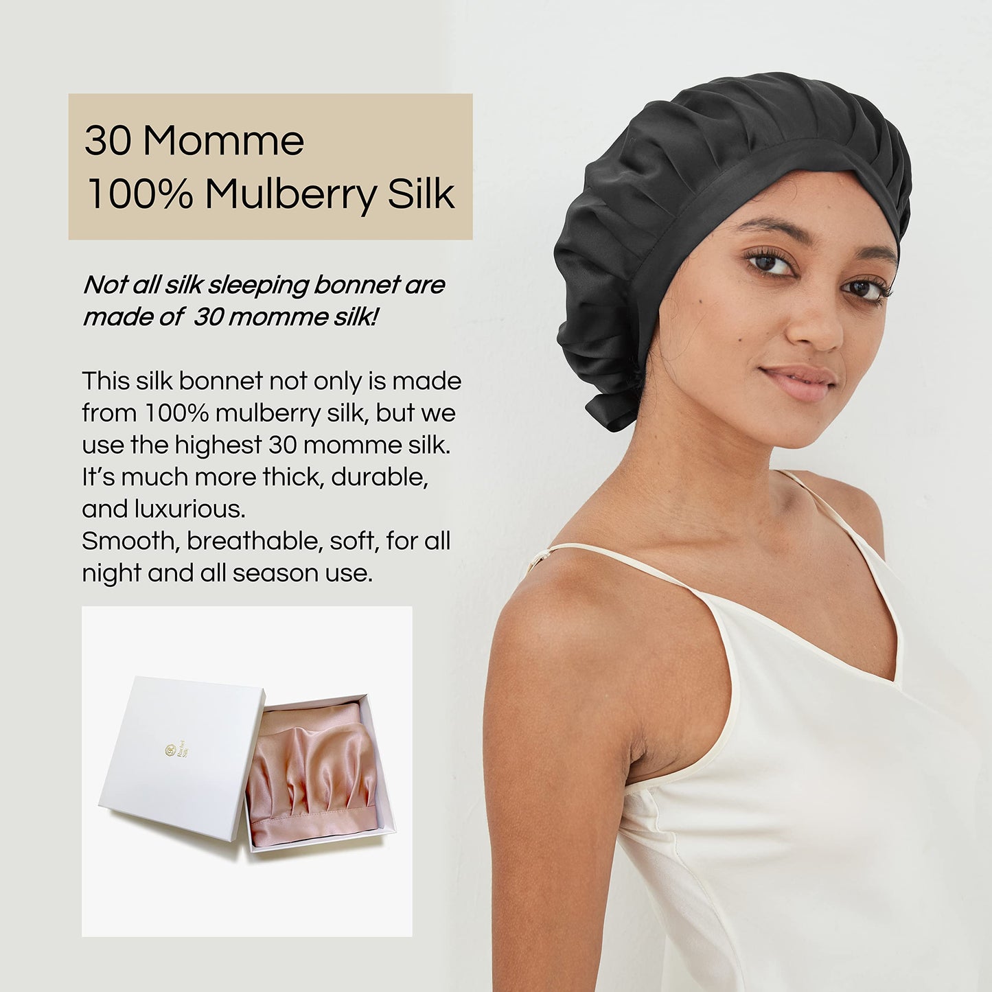 RachelSilk 30 Momme Silk Sleeping Bonnet for Women Night Cap Hair Wrap with Ribbon for Hair Care (Black)