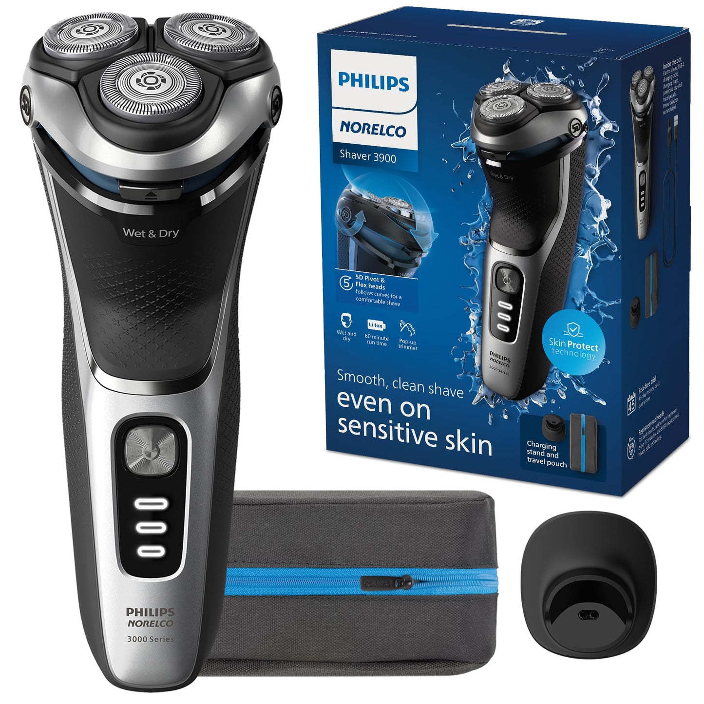 Philips Norelco Shaver 3900 Series, Wet and Dry Electric Shaver, P-Cap, Travel Pouch, Charging Stand, Storm Blue, Model S3341/92