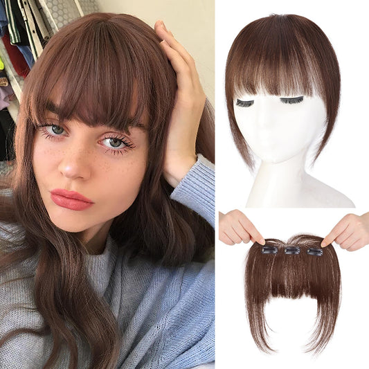 QGZ Clip in Bangs Hair Clip 100% Real Human Hair Clip on Bangs for Women 3 Secure Clip in Hair Extension Natural Full Coverage Thick French Fake Bangs (Dark Auburn Brown)