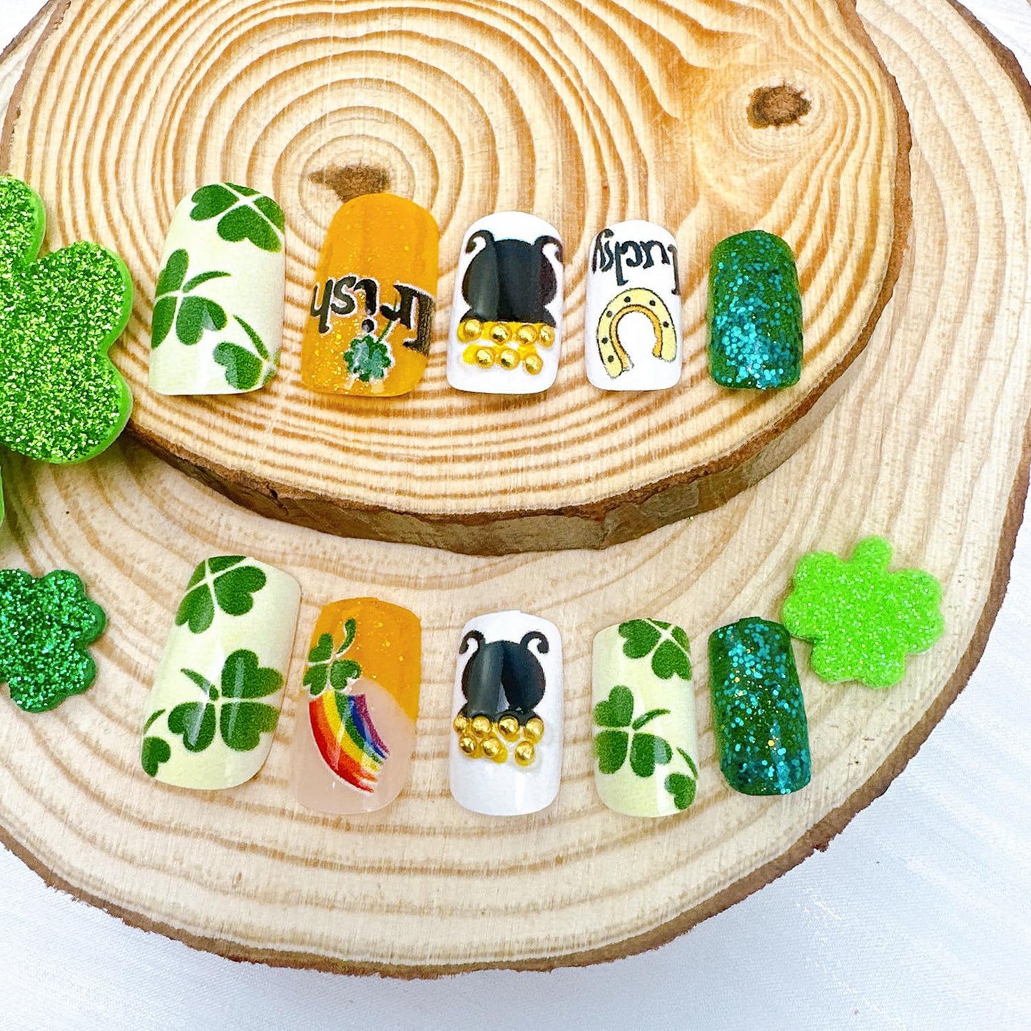 24Pcs St Patrick's Day Press on Nails Short Square Gold French Tip Fake Nails with Gold Rhinestones Horseshoe Rainbow Shamrocks False Nails St Patricks Day Acrylic Nails Irish Stick on Nails for Women