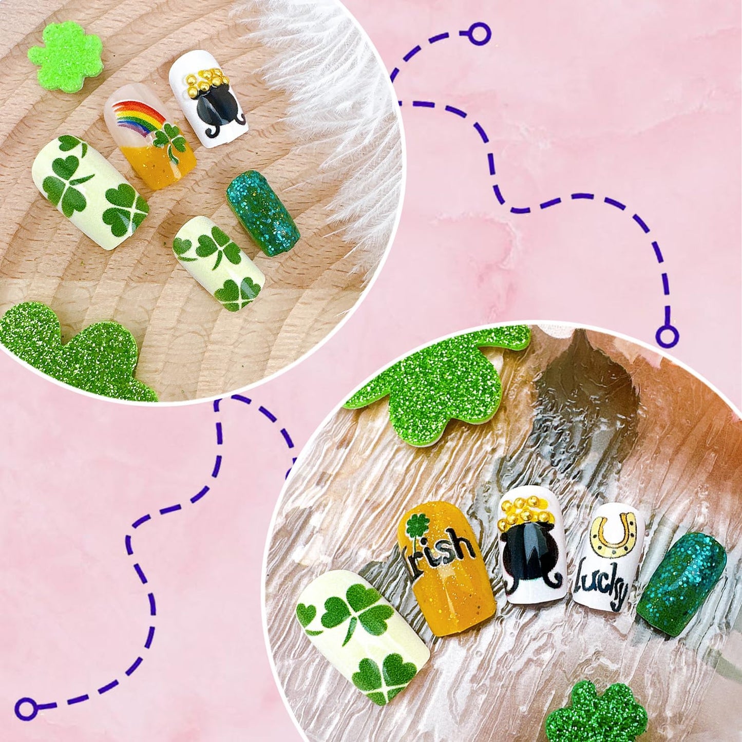 24Pcs St Patrick's Day Press on Nails Short Square Gold French Tip Fake Nails with Gold Rhinestones Horseshoe Rainbow Shamrocks False Nails St Patricks Day Acrylic Nails Irish Stick on Nails for Women